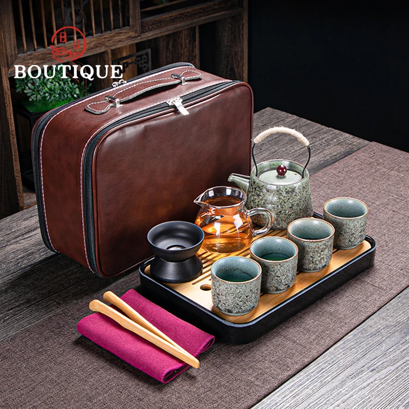 Retro Black Travel Tea Set Chinese Handmade Teaset Convenient Kung Fu Teaware Pottery Lifting Beam Pot Ceramic Tea Cup Gift Goo 