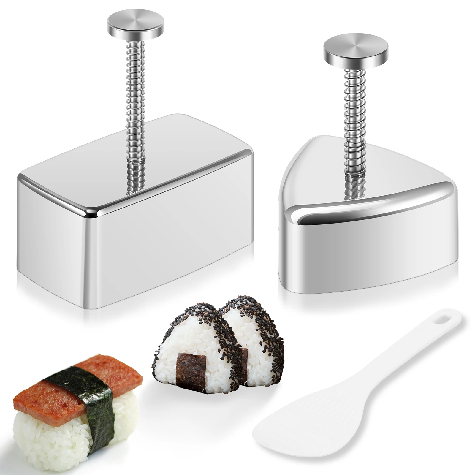 Onigiri Mold Non-stick Stainless Steel Triangle & Rectangular Rice Ball Mold DIY Musubi Sushi Maker Press for Kids Lunch Bento