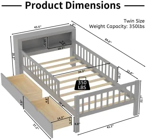 Kids Platform Bed with Storage Headboard, Twin Size Kids Bed with 2 Under-Bed Drawers and 3-Side Guardrails (Grey)