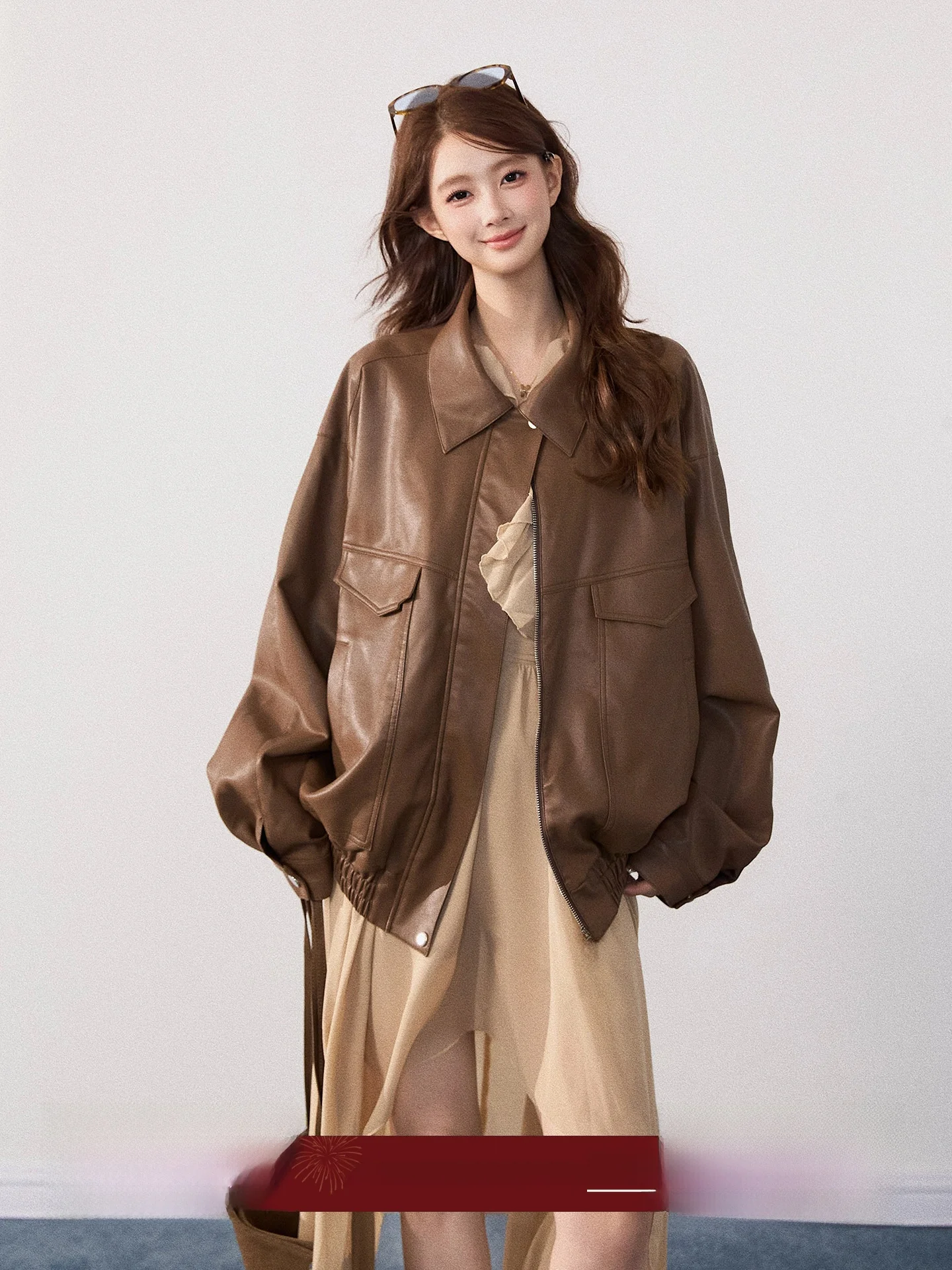 

Exue Nonmeat Vintage Design Loose Thin Long Sve Leather Jaet Women's Autumn Elegance Loose Slimming Mid-Length Coat