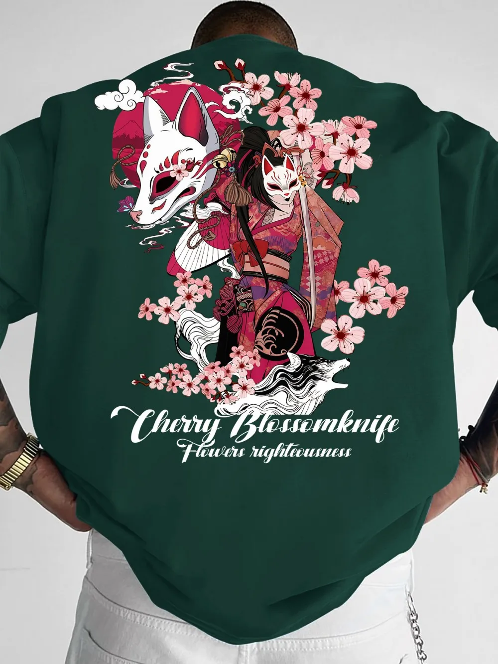 New men's summer ghost dancer cherry blossom branch print micro elastic breathable round neck T-shirt outdoor casual top
