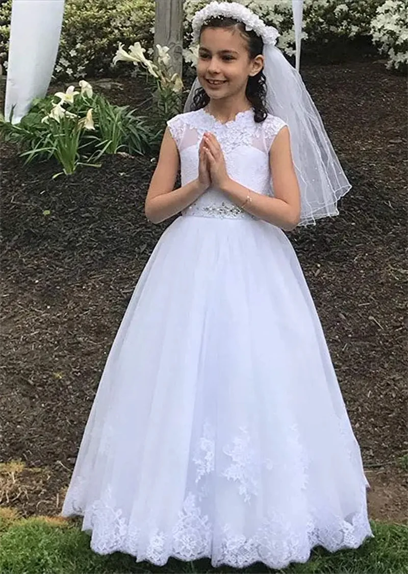 

Customized Flower Girl Dress For Wedding Appliques Lace Glitter Floor Length High Waist Kids Birthday First Communion Gown