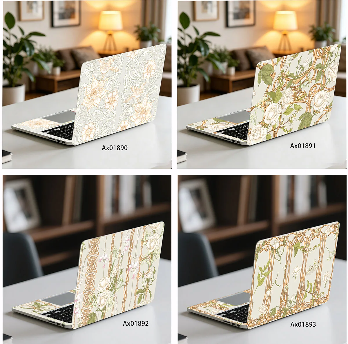 2pcs/pack Vintage Art Nouveau Floral Laptop Sticker Art Self-Adhesive Skin for MacBook Laptops Waterproof Protective Skin Decor