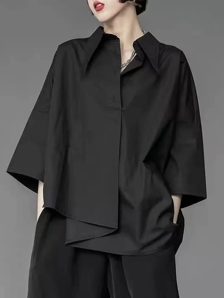 

High-End plus Size Women's irt Summer Loose Design Trendy Top Korean Sle Long Sve Collar Pure Color Commute Faion