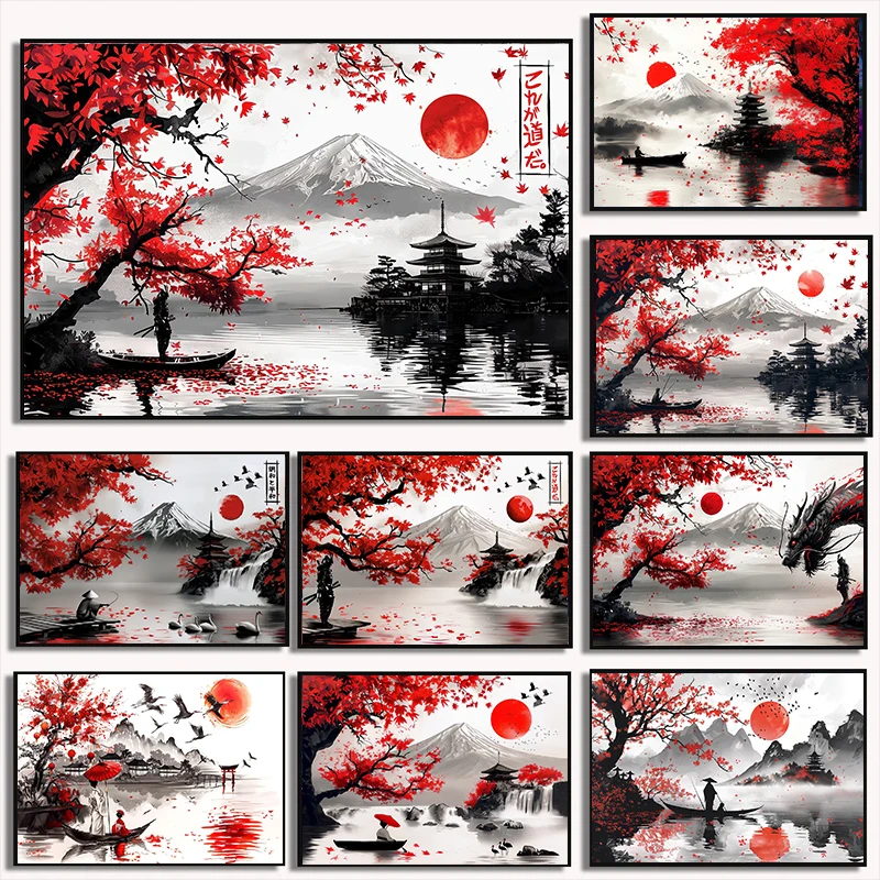 Japanese Landscape Ink Painting Canvas Poster Mountain Cherry Blossom Flowers Samurai Dragon Koi Picture Wall Art Home Decor