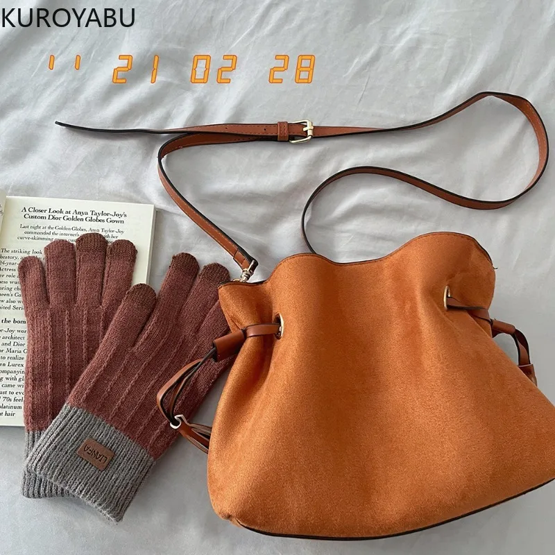 

Chic Suede Bucket Bag Women Drawstring Shoulder Bag Autumn Winter Retro Handbag Purse Vintage Women's Bag Casual Commuter Bags