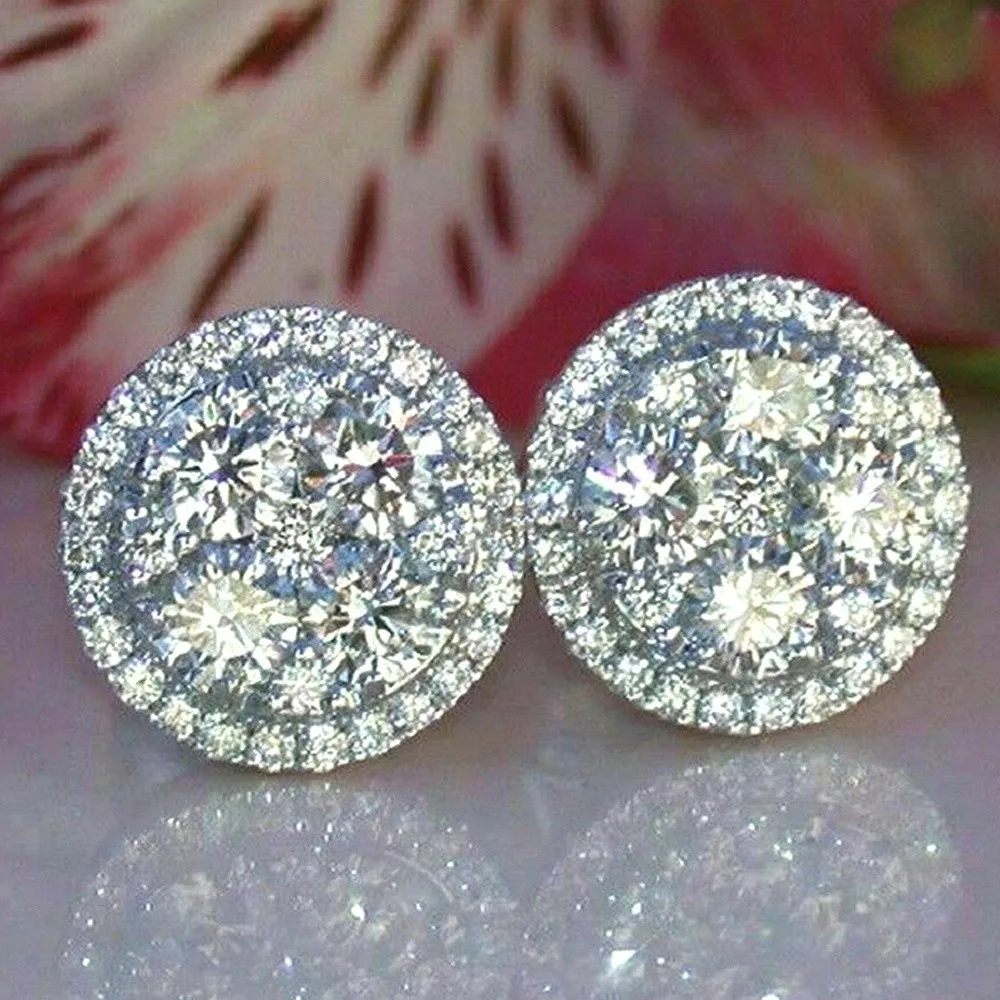 Luxury Sparkly Sliver Color Round Floral 5A Zircon Stud Earrings for Women Bride Wedding Engagement Stainless Steel Jewelry Gift