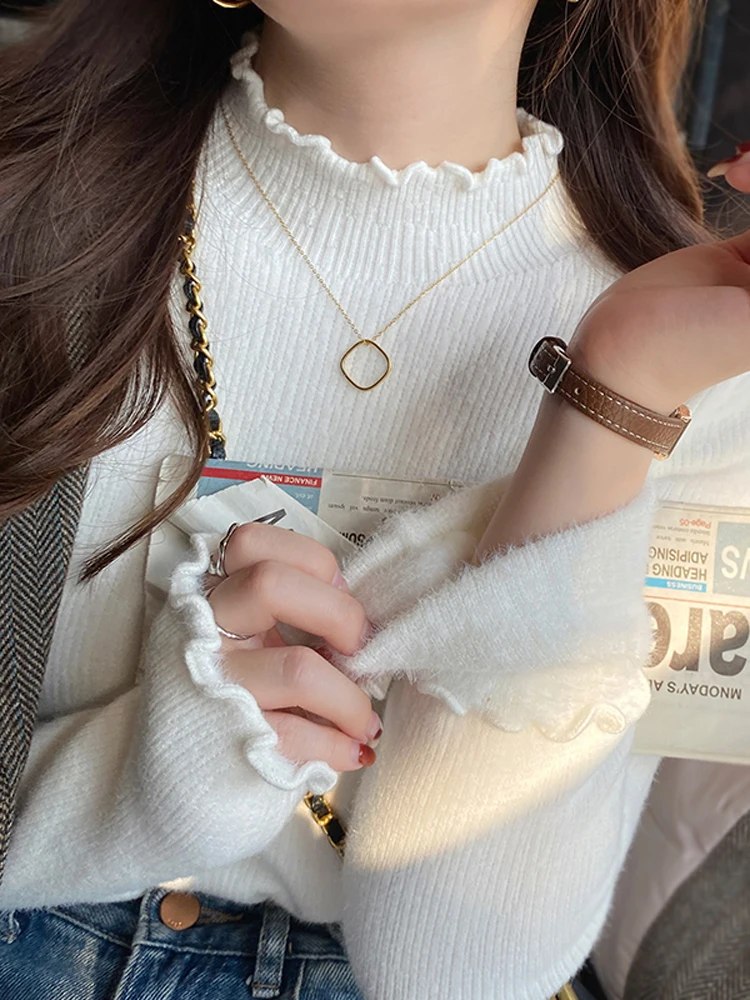 

Thiened Woolen Knitted Sweater Women's Autumn Winter Faion Commute Sle High Collar Warmth Baring Ne Design Fce Lined