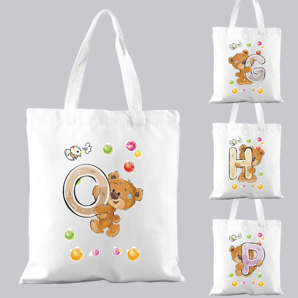Women White Shopping Bag Casual Handbag Commuter Teddy Bear Letter Pattern Printed Canvas One-shoulder Fashion Tote Bag Reusable