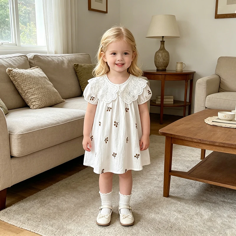 2026 Neue Sommer Mädchenkleider 2-6 Jahre, Kinder Baumwollkleid mit Puffärmeln, Prinzessinnen-Outdoor-Kleid, Besticktes Freizeitkleid für Babymädchen