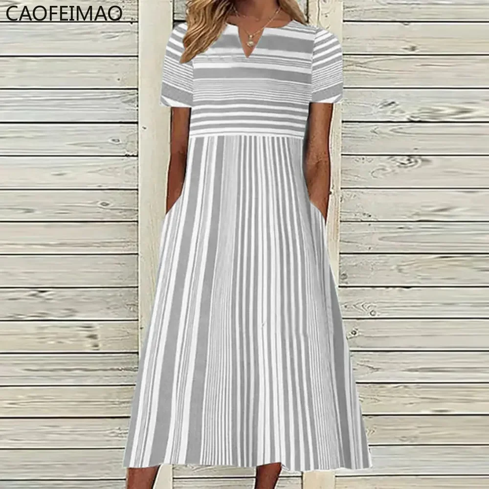 2023 Vintage Boho Stripe Stampa Vestito estivo da donna Moda estiva Scollo a V Abito a maniche corte Elegante abito longuette da donna Femme Vestidos