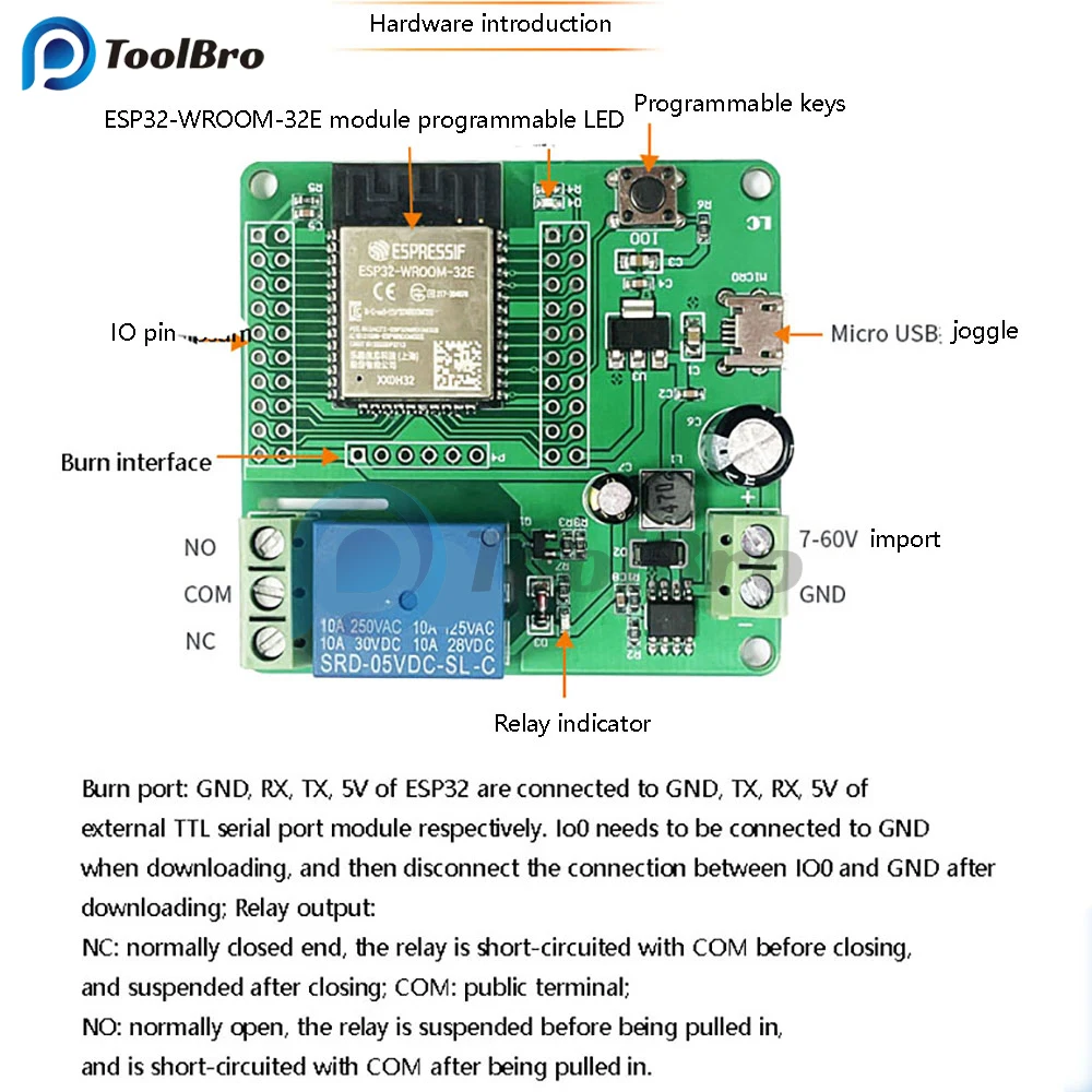 DC 5-60V 1 Channel ESP32-WROOM Development Board Micro USB 5V Relay 4M Byte Flash Capacity Onboard ESP32 Module