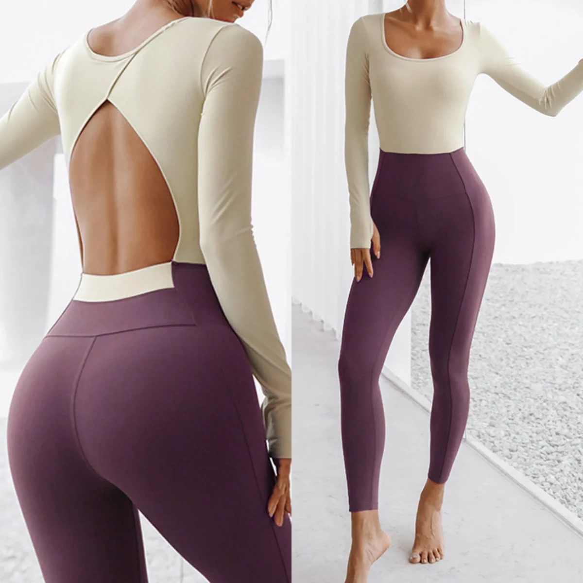 New Autumn/Winter Women's One-piece Yoga Jumpsuit Long-sleeved Color Block Sexy Open Back SS Slim Fit Sports Gym Activewear 2026