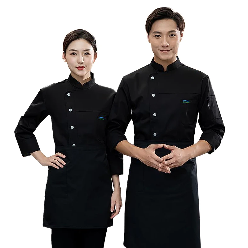 Chaqueta de Chef para Hotel, ropa de cocina para restaurante, abrigo de cocinero de manga larga para hombre, ropa de trabajo de camarero de panadería, uniforme de cocina negro