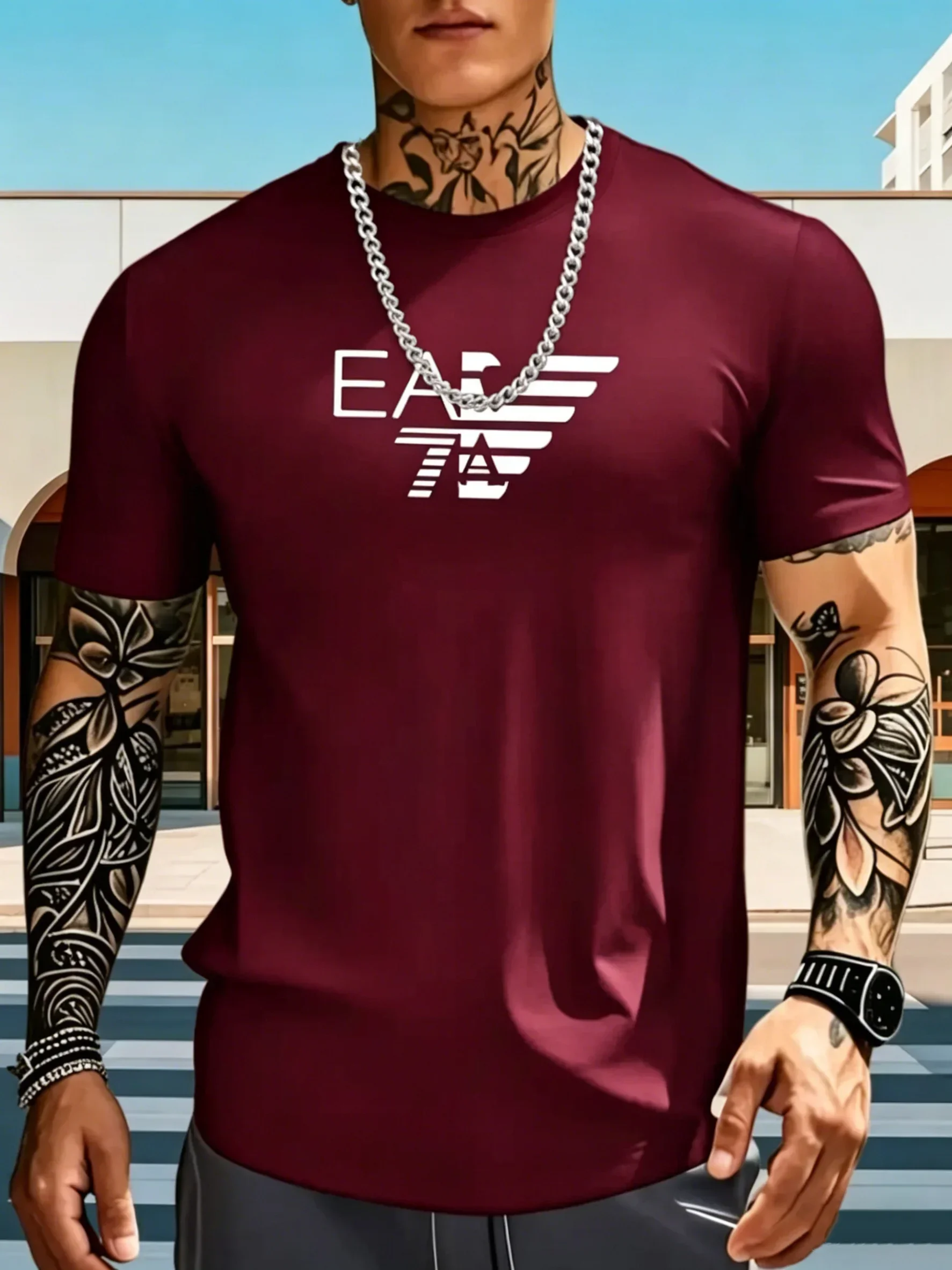 Herren Sommer T-Shirt aus reiner Baumwolle mit EA7-Buchstaben-Print, kurzärmelig, lässig, Streetwear, Baumwoll-T-Shirt mit Rundhalsausschnitt