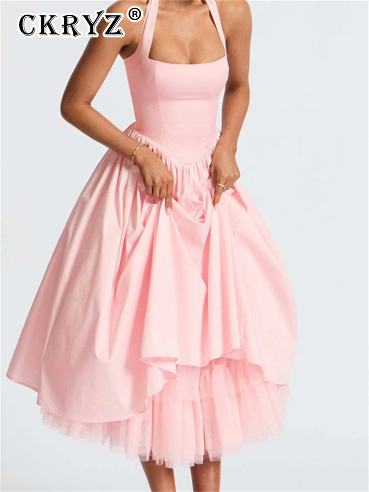 Senhoras verão 2 camadas elegante vestido de festa à noite feminino sem mangas sem costas halter maxi vestidos clube streetwear roupas femininas