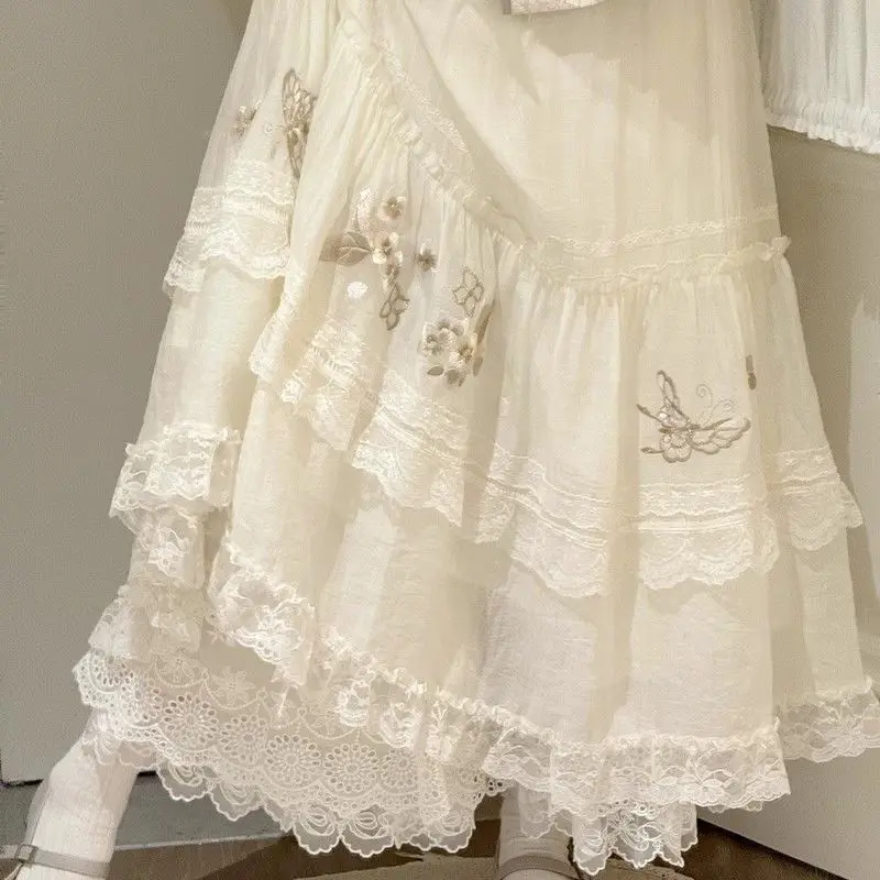 Mori Girl Sweet Embroidery Lace Splicing Skirt Spring New Elastic Waist A-line Skirts Fairy Versatile Y2k Faldas Юбка