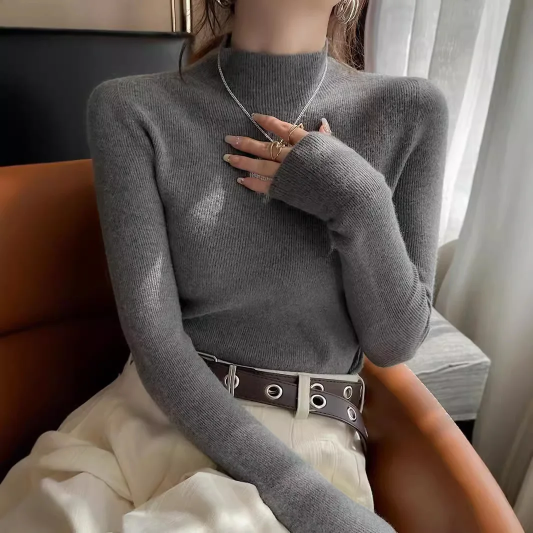 

Woolen Base Sweater For Women In Spring And Autumn 2024, New Style With High-End Interior, Gray Semi High Neck Sweater, Knitted