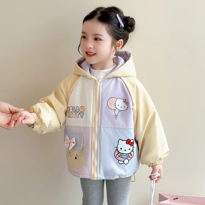 

Girls' Splicing Plush Coat Autumn Winter New Cartoon Hello Kitty Long Sleeve Hooded Outdoor Jacket Children Sweet Cute Coat