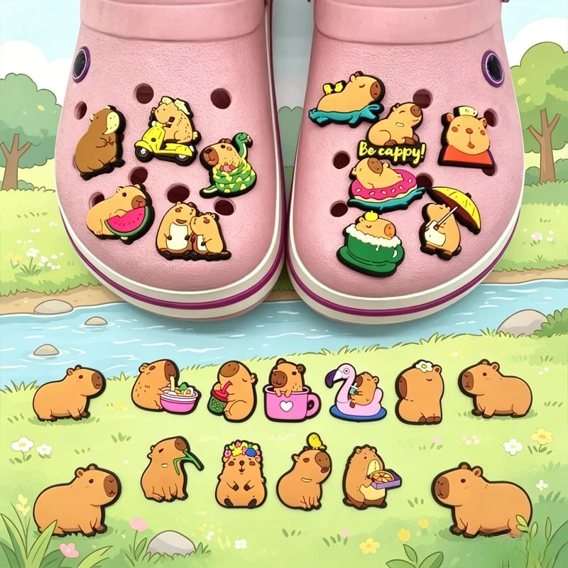 

Милые подвески для обуви с принтом капибары, мягкие мультяшные декоративные кнопки из ПВХ для обуви с отверстиями, сандалий, подарок для детей