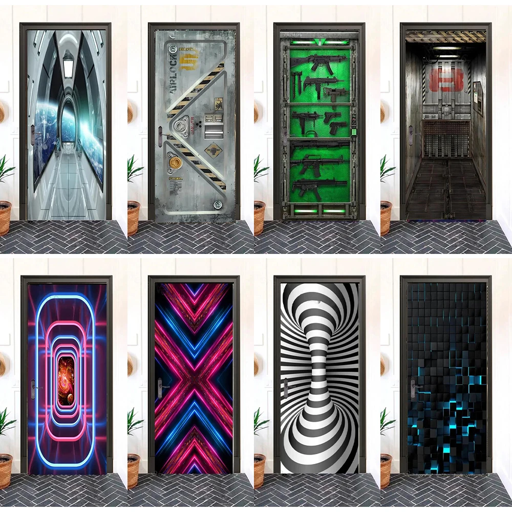 

Technology Mechanical Steel Mural Door Wrap Cover Wallpaper Geometric Spatial Visual Effects Door Art Mural Sticker Waterproof