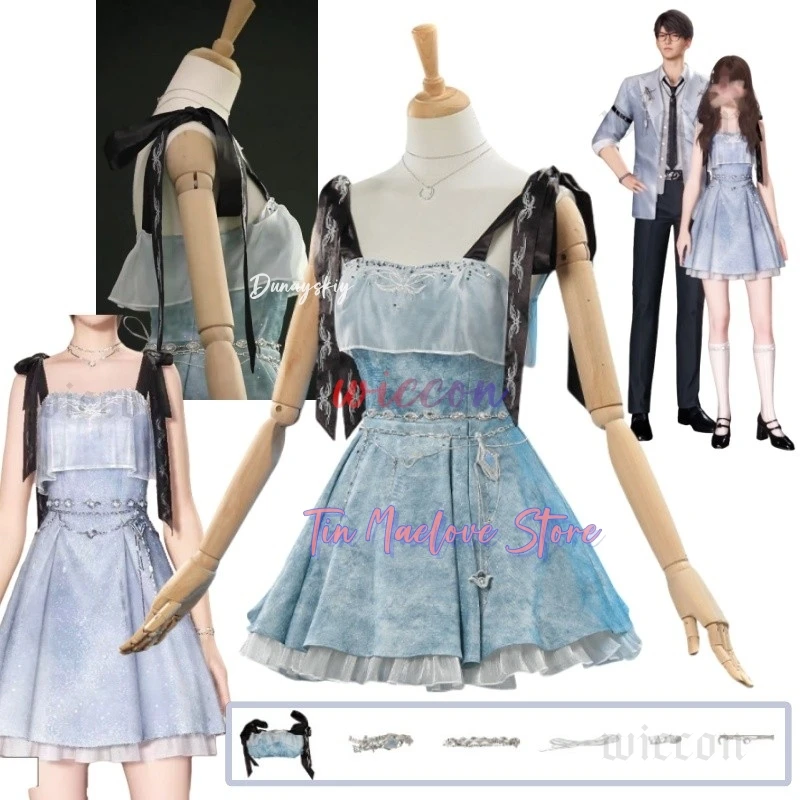 

Game Love And Deepspace Heroine Cosplay Xia Yizhou Caleb Couple Birthday Girl Blue Camisole Dress Suit for Woman Girls Skirt
