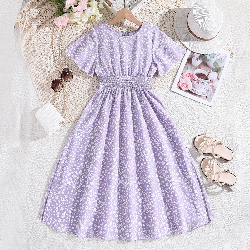 Girls Purple Floral Party Dress Simple And Sweet Fashion Summer Resort Style Beach Clothes For 8-12 Years Children