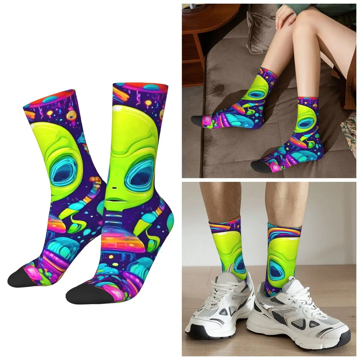 

Носки в стиле Харадзюку с флуоресцентным принтом инопланетян, забавные носки для мужчин и женщин, подарки на День святого Валентина, подходят для любого сезона.