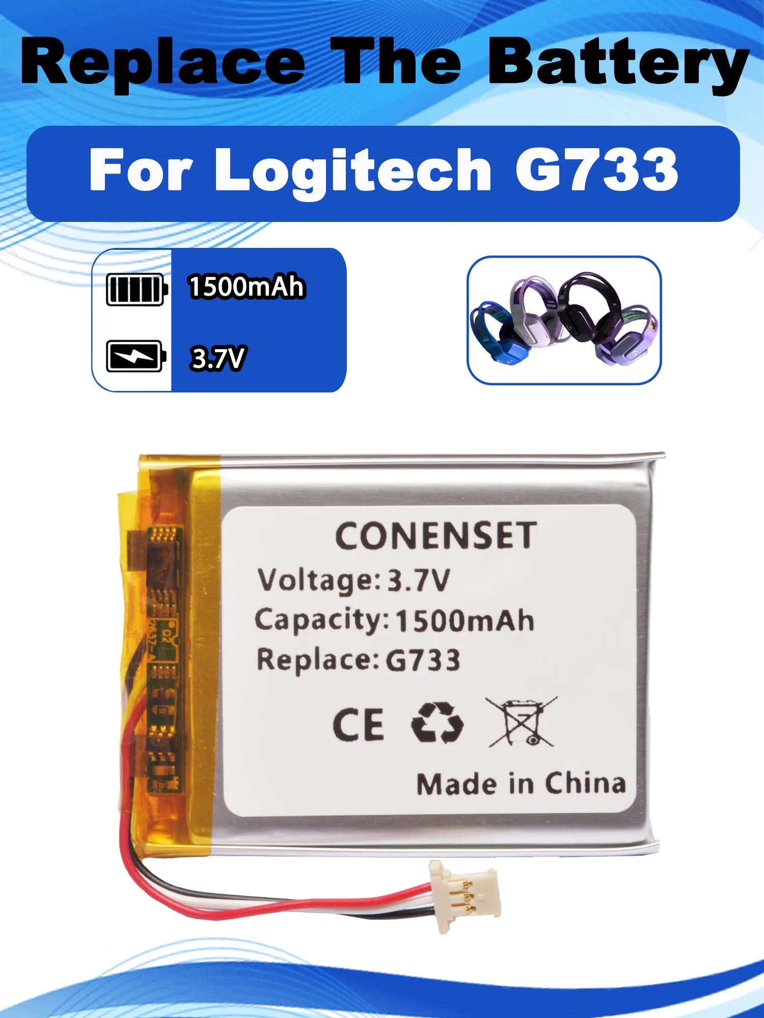 3.7V 1500mAh Replacement Battery For Logitech G733 LightSpeed Wireless Game Headset Headphones 604050 533-000181 Batteries