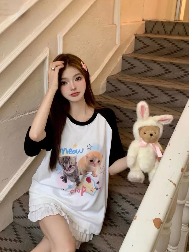 ADAgirl Kawaii Cat Print T-shirts Women Japan Style Kitten Short Sleeve Cutecore Tops Sweet Girl Y2k for Teen Aesthetic Clothes