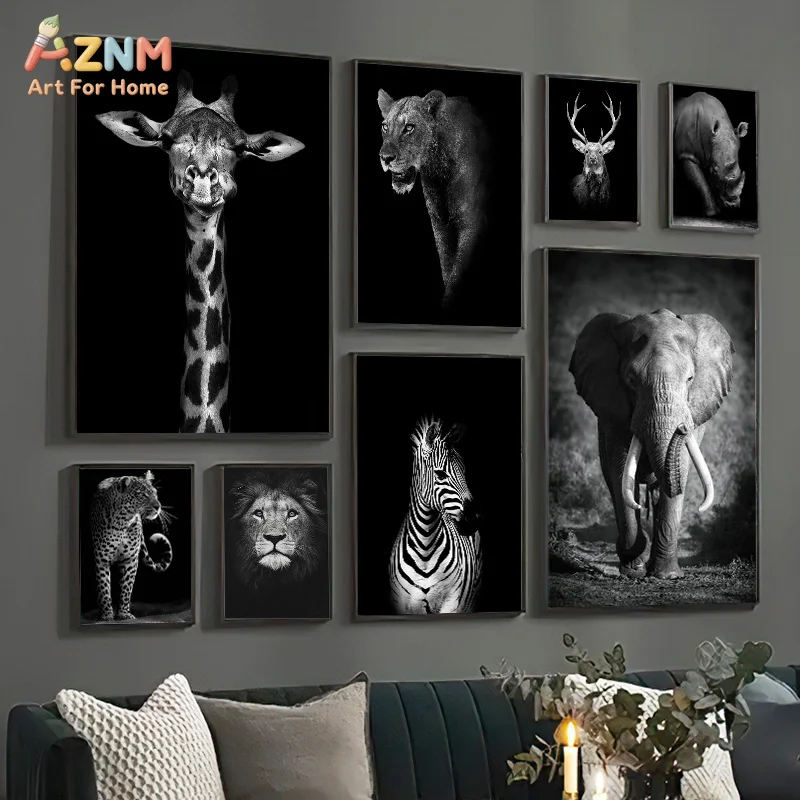 AZNM Black White Safari Animal Canvas Print Giraffe Lion Elephant Zebra Leopard Rhino Wild Wildlife Dark Background Minimalist W