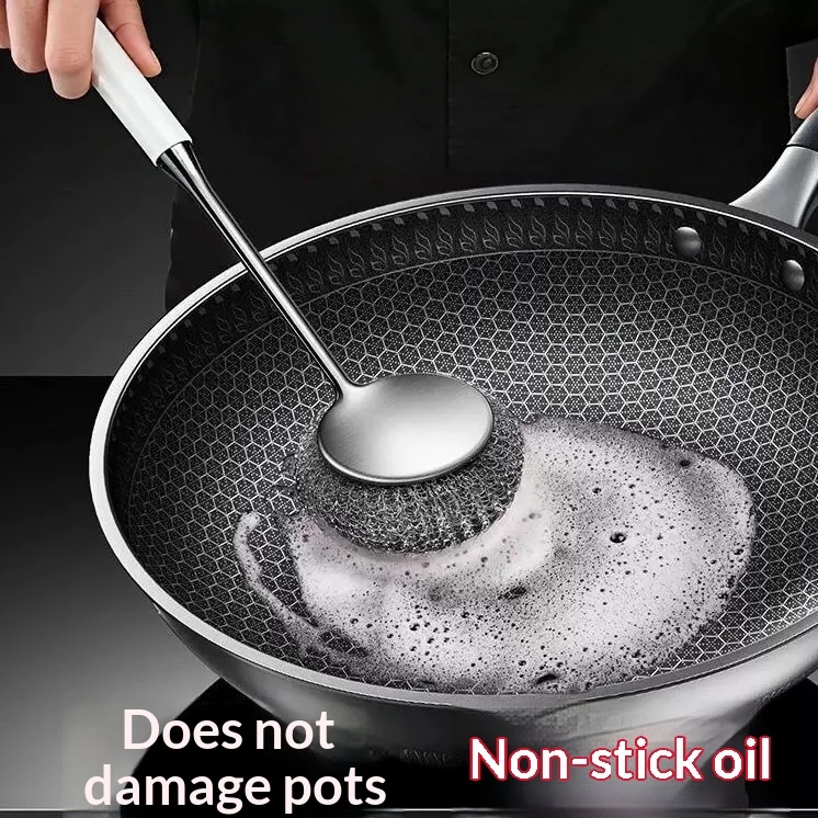 Long Handle Stainless Steel Pot Brush, Steel Wool Scrubber Dish Cleaning Brush, Kitchen Non Scratch Pot Washing Brush
