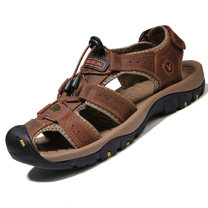 Sandalias de cuero genuino para hombre, zapatos de verano para hombre, zapatos de agua al aire libre, sandalias de cuero
