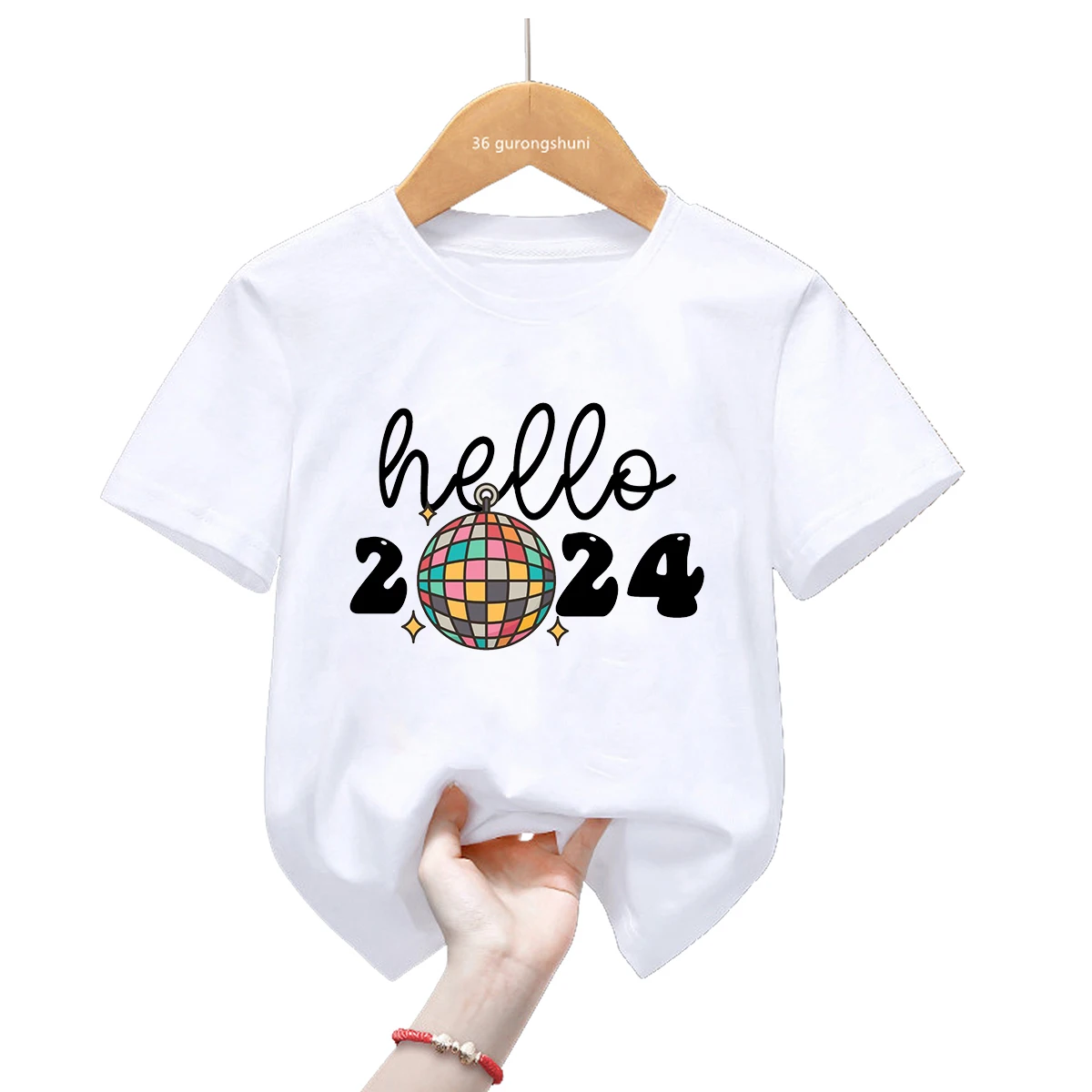 Hello 2024 Donut T Shirt Happy New Year T-Shirt Kids Clothes Unisex Boys Girls Tshirt Family Party Short Sleeve T-Shirts Top