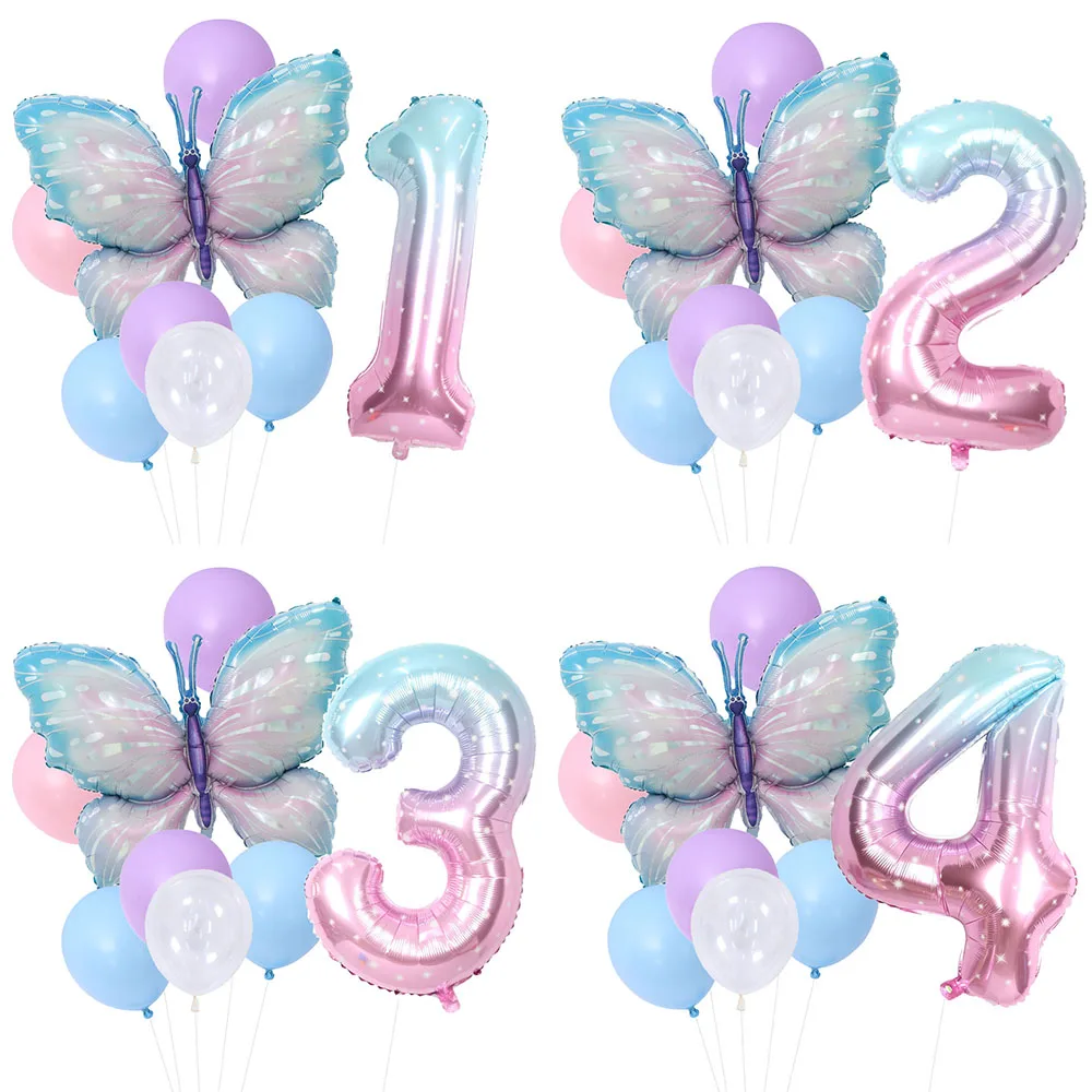 8pcs Butterfly Birthday Balloon 40inch Starry sky Gradient Number Balloon Baby Shower Helium Balloon Birthday Party Decor Globo