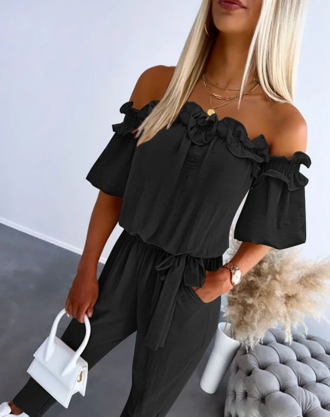 Casual Overall for Women 2024 Summer Puff Sleeve Plain Slash Collar Off Shoulder Frill Hem Tied Detail High Waist Jumpsuit