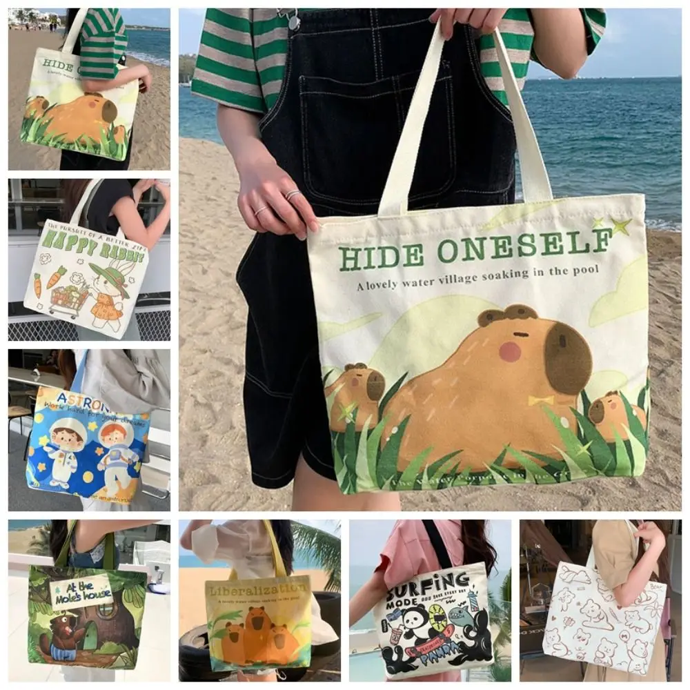 Fashion Cartoon Capybara Canvas Bag Handbag Zipper Capybara Shoulder Bag Underarm Bag School Bag Large Capacity Tote Bag Girls