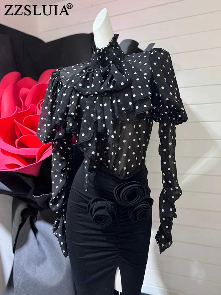 ZZSLUIA Vintage Dot Printed Blouses For Women High Neck Ruffles designer Bow Lace Shirts Fashion Puff Sleeve Tops Female Clothes