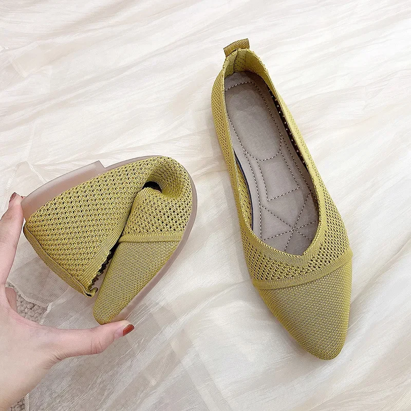 Stretch Knit Ballet Flats Women Loafers Spring Breathable Mesh Flat Shoes Ballerina Moccasins Casual Pointed Toe Boat Shoes