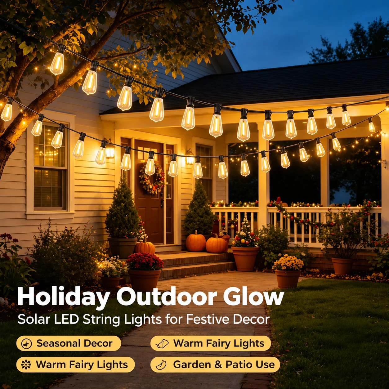 Waterproof Solar LED String Lights, 20 Bulb Fairy Garland Lights for Outdoor Garden Patio Wedding Holiday Decoration
