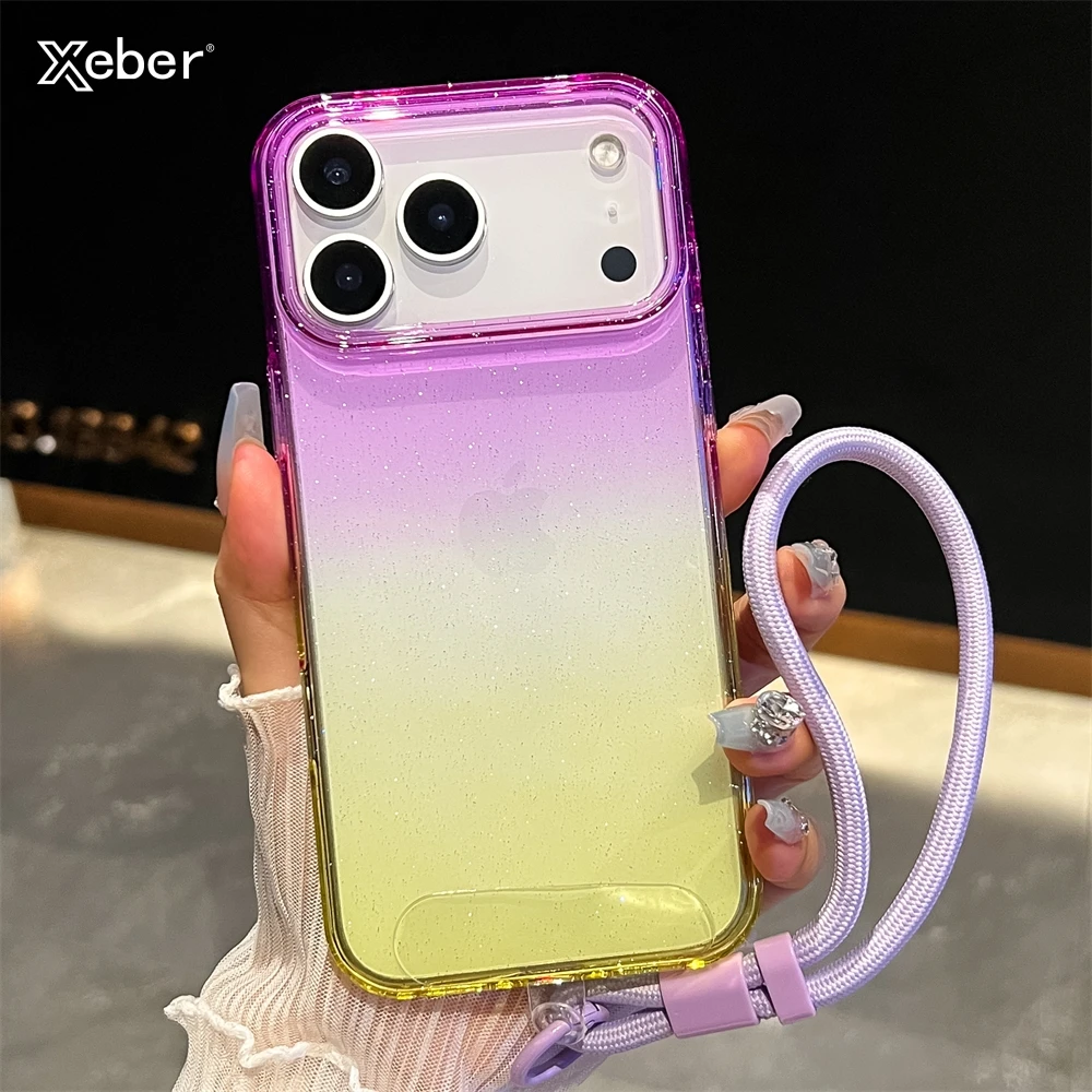 Bunte transparente Handyhülle mit Farbverlauf für iPhone 17, 16, 15, 14, 13, 12, Pro Max Plus, stoßfeste TPU-Rückseite mit Handschlaufe