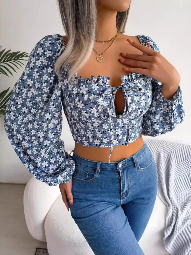 

Spring Summer Women New Sexy Mushroom Edge Lace Up Hollow Fashion Lantern Sleeve Printed Floral Chiffon Shirt Exposed Navel Top