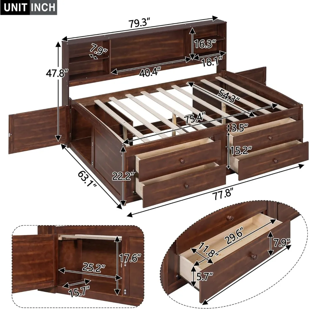 収納棚、キャビネットが内蔵された木製キャプテンベッド、本棚ヘッドボード付きフルサイズキャプテンプラットフォームベッド、木製フルサイズ