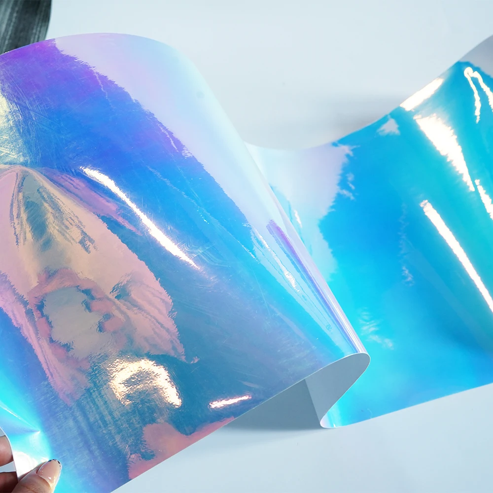 Premium glänzende bunte Regenbogen holografische Chrom-weiße Vinylfolie, selbstklebende Aufkleber, Motorrad-Aufkleber, Autoverpackfolie – Detail 9