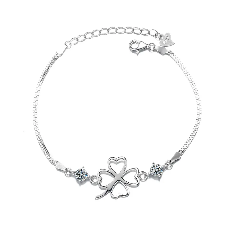 

Простой женский браслет-цепочка с четырьмя листами Lucky Clover из серебра S925