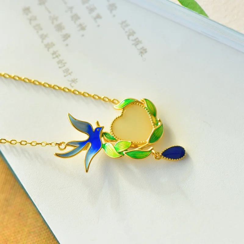 With Certificate Hetian Jade Pendant Retro Chinese Style 925 Silver Gold Plated Inlaid Jade Enamel Swallow Hanfu Necklace
