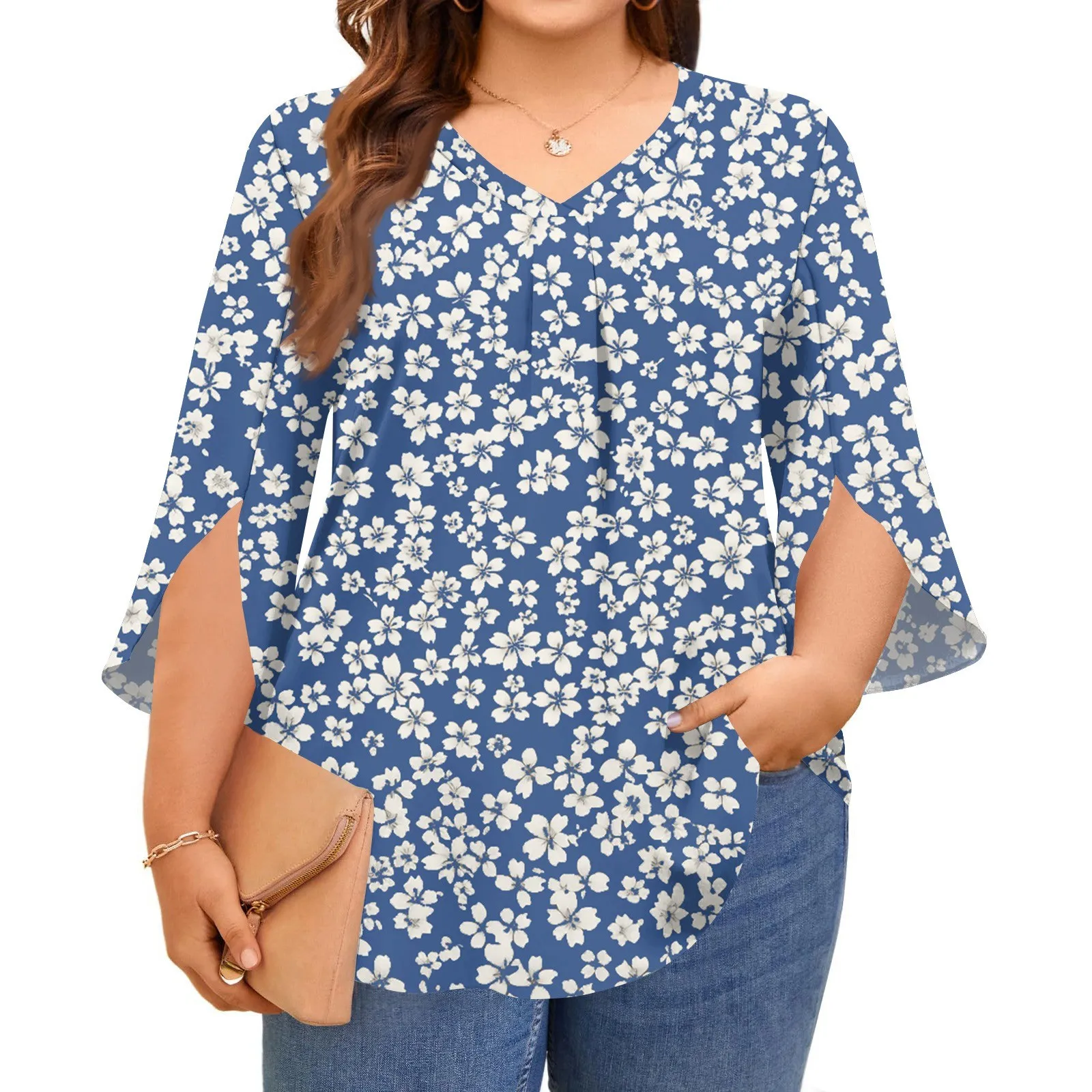 Plus size T-shirts women's fashion printed tops v-neck three-quarter sleeves t shirts spring autumn casual pullover tops