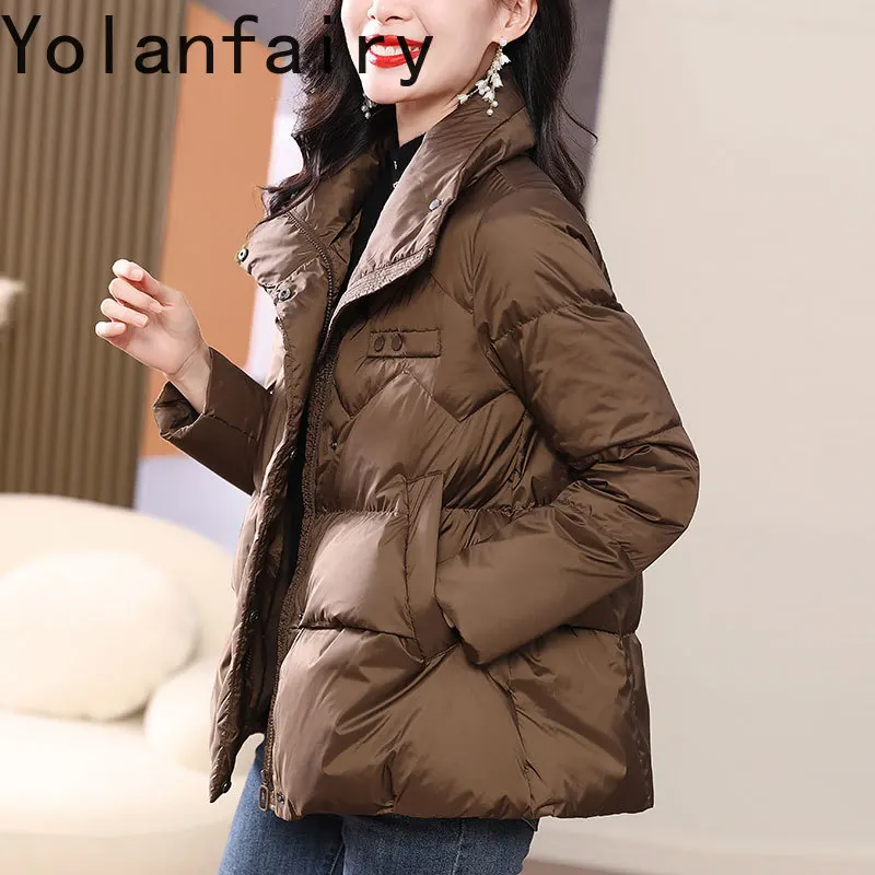 YOLANFAIRY الراقية 90% الأبيض أوزة أسفل السترات امرأة الشتاء الوقوف طوق الدافئة سترة منفوخة قصيرة الدافئة أسفل معاطف النساء 2025