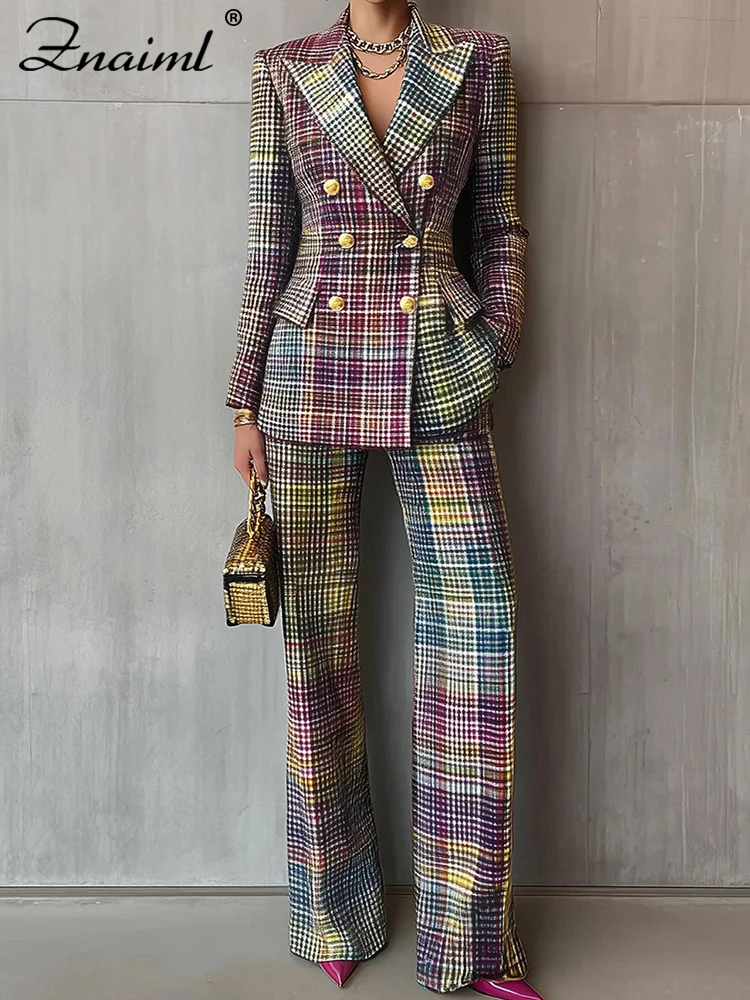 Znaiml Chic Plaid Printed Slim Women's Blazer Suit Lapel Long Sleeved Jacket and High Waisted Straight Pants 2 Piece Set Office