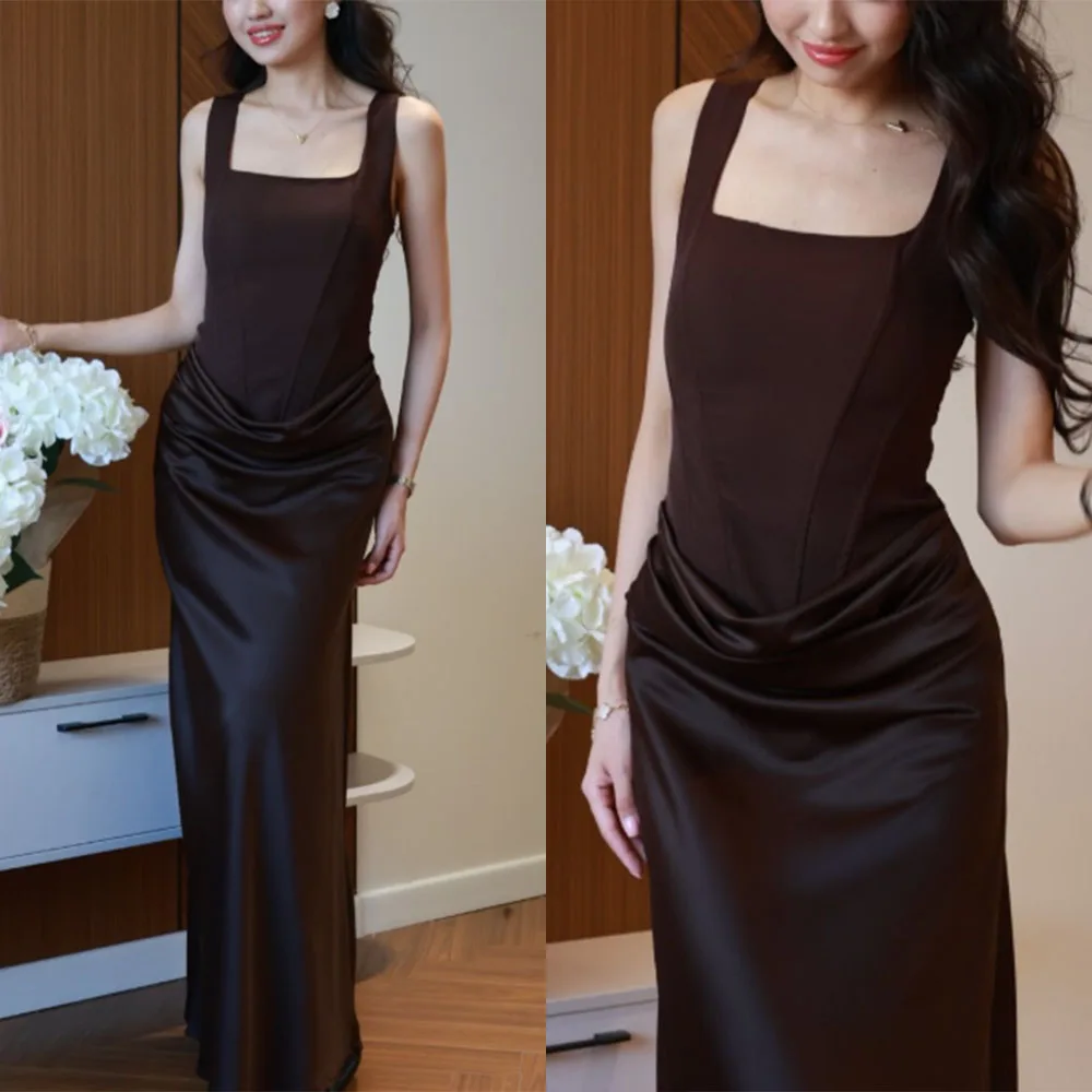 Customized Square Collar Brown Floor Length Sleeveless Vestidos Elegantes Para Mujer Para Una Boda Luxury Evening Dress Robe 드레스